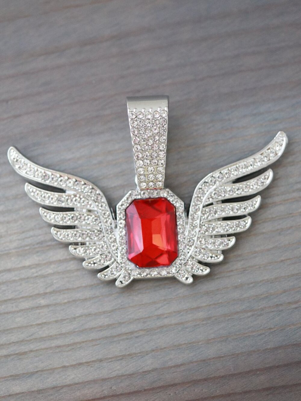 Wings Ice Style with Red Rhinestones Pendant Silver Plated